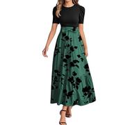 Robe Fluide Mi Longue Amincissante Robe Soiree Pas Cher Ample Fleurie Volants Col Rond Maxi Dress Vintage Manche Courte Mes Commandes Vert Chic Elegante Printemps Femme Vert XXL