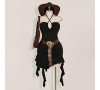 Robe fourreau à col ras-du-cou avec volants asymétriques, style nomade vintage Y2K, noir. Robe bohème chic, tenue western, tenue de festival avec volants, robes élégantes pour femmes grande taille 0XL
