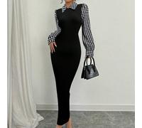 Robe fourreau noire élégante avec queue de poisson, col Claudine, effet blocs de couleurs pied-de-poule et manches bouffantes longue pour femme L,M,S,XLBlocs de couleur,Géométrique,Pied-de-poule,Carre