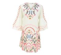 Robe fourreau pour femme avec imprimé swing design col en V à volants à trois couches à manches cloches décontractées mini robe, beige, M