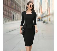 Robe fourreau vintage à col carré, manches 3/4, décontractée mais élégante pour le travail. Couleur noire, parfaite pour le printemps. L,M,S,XL,XXLTissu tricoté