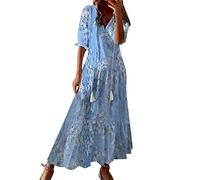Robe Fringe Floral Imprimé Femme Ete Boheme Chic Et Elegant Col V Robe Longue Blanche Grande Taille Chic Robes De Plage Décontractée Robes De Soiree Midi Long Sleeve Mariage Bleu L
