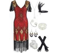 Robe garçonne longue à franges pour femme inspirée de Gatsby des années 1920 - Avec ensemble d'accessoires - Doré et rouge - Taille M