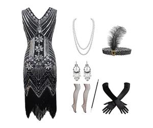 Robe Gatsby Femme Annee 20 Grande Taille Sexy Robe à Frange à Sequin Des AnnéEs 1920 Avec Ensemble D'Accessoires AnnéEs 20 Robes GarçOnne à Franges Longues à Paillettes Et Perles Vintage Art Déco#