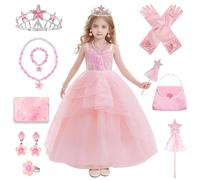 Robe Glinda Fille, Costume Princesse Rose avec Baguette et Couronne (130)