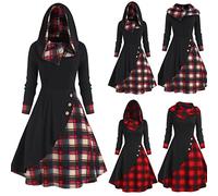 Robe Gothique à Capuche Manches Longues Écossaise Patchwork Carreaux Jupon Medievale Femme Costumes Renaissance Halloween Jupes Grande Taille Clubbing Fête Casual