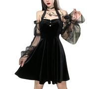 Robe gothique dos nu pour femme - Épaules dénudées - Manches longues bouffantes - Dos nu - Robe d'Halloween vintage en velours, Robe 001 boutons, L