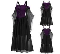 Robe gothique femme à bretelles epaules dénudées robe medievale renaissance manches trompette en tulle robe de bal punk costume medieval grande taille deguisement adulte carnaval (Purple, XXL)