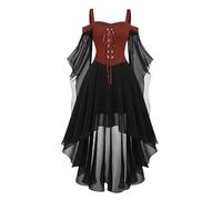 Robe Gothique Femme Corset Avec Manches Trompette, Robes Sorciere MéDiéVale Renaissance Victorienne RéTro Custome Steampunk Grande Taille Vintage Dentelle DéGuisement Halloween Femme Robe Vampire#