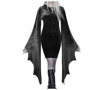 Robe Gothique Femme Manches Chauve-Souris Medievale Col en V à Lacets Sexy Coupe Slim Vintage Médiévale Renaissance Victorienne Chic Mi Longue Dress pour Cosplay Halloween Carnaval