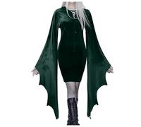Robe Gothique Femme Manches Chauve-Souris Medievale Col en V à Lacets Sexy Coupe Slim Vintage Médiévale Renaissance Victorienne Chic Mi Longue Dress pour Cosplay Halloween Carnaval