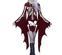 Robe Gothique Femme Manches Chauve-Souris Medievale Imprimé Col en V à Lacets Vintage Sexy Coupe Slim Chic Médiévale Renaissance Victorienne Mi Longue Dress pour Cosplay Halloween Carnaval
