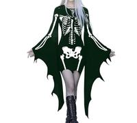 Robe Gothique Femme Manches Chauve-Souris Medievale Imprimé Col en V à Lacets Vintage Sexy Coupe Slim Chic Médiévale Renaissance Victorienne Mi Longue Dress pour Cosplay Halloween Carnaval