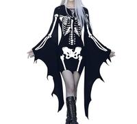 Robe Gothique Femme Manches Chauve-Souris, Robe Medievale Femme Imprimé Col En V à Lacets Vintage Sexy Coupe Slim Chic Médiévale Renaissance Victorienne Mi Longue Dress Pour Cosplay Halloween Carnaval
