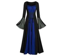Robe Gothique Femme Manches Trompettes Sexy Rétro Robe Noir Automne Chauve Souris Pirate Déguisement Halloween Femme Cosplay Cape Hiver Classique Nouvelle 2025 Bleu L