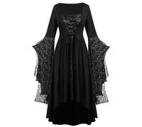 Robe Gothique Femme Manches Trompettes Vampire Steampunk Robe Noir Hiver Dentelle Pirate Déguisement Halloween Femme Tendance Jupe Automne Classique Nouvelle 2025 Gris Clair L