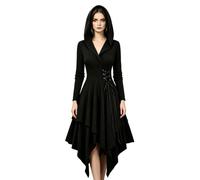 Robe Gothique Femme Noir,Gothique Empire à Capuche Lacets Cosplay MéDiéVal Longue TraîNe Manches Tenue Rituelle Sombre FéMinine Costume Fantaisie Grandes Quotidien