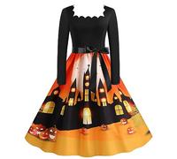 Robe Gothique Femme Vintage Robe Style Audrey Hepburn - Costume Halloween Sexy A-Line Reine Rockabilly Pin Up AnnéEs 50 De SoiréE ImpriméE Pumpkin Bat Witch Print Cosplay