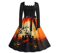 Robe Gothique Femme Vintage Robe Style Audrey Hepburn, Costume Halloween Sexy A-Line Reine Rockabilly Pin Up AnnéEs 54 De SoiréE ImpriméE Pumpkin Bat Witch Print Cosplay