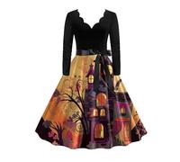 Robe Gothique Femme Vintage Robe Style Audrey Hepburn, Deguisement Halloween Sexy Diablesse DéContractéE AjustéE à Manches Longues Et Col en V Imprimé Citrouille à Lacets