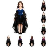 Robe Gothique Fille Princesse Dentelle Halloween Enfant Soirée Élégante | Robe somptueuse et raffinée, corsage lacé, manches en dentelle ajourée et traîne en voile vaporeux pour un look de conte