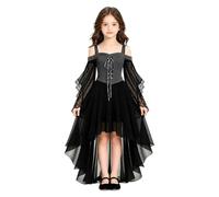 Robe Gothique Fille Princesse Dentelle Halloween Enfant Soirée Élégante | Robe somptueuse et raffinée, corsage lacé, manches en dentelle ajourée et traîne en voile vaporeux pour un look de conte