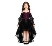 Robe Gothique Fille Princesse Dentelle Halloween Enfant Soirée Élégante | Robe somptueuse et raffinée, corsage lacé, manches en dentelle ajourée et traîne en voile vaporeux pour un look de conte
