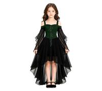 Robe Gothique Fille Princesse Dentelle Halloween Enfant Soirée Élégante | Robe somptueuse et raffinée, corsage lacé, manches en dentelle ajourée et traîne en voile vaporeux pour un look de conte