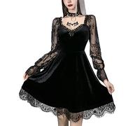 Robe gothique Lolita noire en dentelle à manches longues et ourlet à volants pour cosplay, robe courte vintage punk emo, a-noir, M