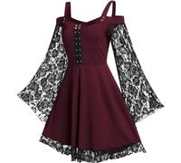 Robe Gothique Médiévale Femme Robe Moyen Age Renaissance Dress Rétro à Manches Flares en Dentelle Costume Bustier Epaules Dénudées Robe de Bal Carnaval Cosplay Deguisement Halloween (Rouge vineux,L)