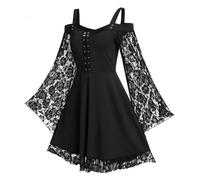 Robe Gothique Médiévale Femme Robe Moyen Age Renaissance Dress Rétro à Manches Flares en Dentelle Costume Bustier Epaules Dénudées Robe de Bal Punk Carnaval Cosplay Deguisement Halloween (Noir,3XL)