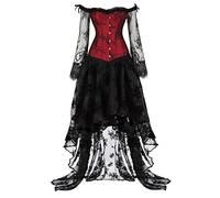 Robe Gothique Médiévale Femme Robes Moyen Age Renaissance Dress Rétro à Manches Longues en Dentelle Costume Bustier Epaules Dénudées Robes de Bal Punk Carnaval Cosplay Deguisement Hallowee Pas Cher