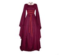 Robe gothique médiévale pour femme avec col carré et manches longues trompette - Costume élégant de reine de la Renaissance pour cosplay, fête et événements vintage (taille 2XL, vin rouge)