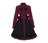 Robe Gothique Noir Et Rouge À Nœuds | Style Lolita À Manches Longues | Jupe À Volants pour Femme (Rouge,M)