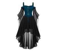 Robe gothique pour femme - Épaules dénudées - Robe médiévale pour femme - Manches chauve-souris - En maille - Patchwork - Robe de sorcière vampire - Pour cosplay, fête, Halloween, carnaval - Volants