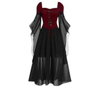 Robe gothique pour femme - Manches chauve-souris - Robe de vampire médiévale pour femme - Épaules dénudées - Patchwork - Robe de sorcière avec lacets et volants - Robe de sorcière Renaissance