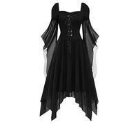 Robe gothique pour femme - Manches trompettes - Style steampunk - Noir - Robe médiévale avec lacets - Robe longue de vampire Renaissance - Costume de vampire - Costume de sorcière, de carnaval, de