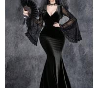 Robe gothique sexy rétro sombre élégante et romantique pour Halloween, avec décolleté en V, manches de sorcière, scellé en maille transparente avec dentelle, jupe sirène en velours pour soirée L,M,S,X