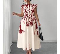 Robe grande taille, best-seller de vacances, en tissu imprimé floral noir sur fond abricot, avec col et poignets à volants, ouverture sur l'avant, ample et élégante. Coupe flatteuse, convient pour les