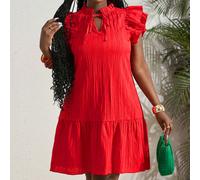 Robe grande taille de couleur unie avec col cravate, manches à volant et ourlet volupté 0XL,1XL,2XL,3XLUnicoloreTissu tissé