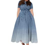 Robe Grande Taille Elegant Soiree Robe Longue Fleurie Vintage Bleu Clair de Soiree Boheme Chic Dress for Women Col Rond Fleurie Manche Courte Été Sexy a Fleur Femme Mes Commandes Bleu Clair XL