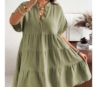 Robe grande taille en tissu tissé, col V, manches polo, style décontracté, normal, occidental, business, alternative, bohème, lavée, chinée, froissée, vert sauge, été, vacances, brunch 0XL,1XL,2XL,3XL