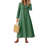 Robe Grande Taille Femme,Robe De Plage Élégante Cintrée Col en V Manches Longues en Coton Uni Couleur Unie, Mode Boho Chic pour Été avec Coupe Ample Jupe Midi(01-Vert,M)