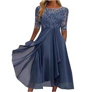 Robe Grande Taille Femme - Robe en Mousseline de Soie en Dentelle brodée de Longueur de thé pour Femmes Jupe Évasée Mi Longue
