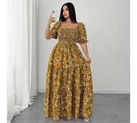 Robe grande taille pour femmes Mobula, décontractée et élégante, imprimé intégral jaune, style vacances 0XL,1XL,2XL,3XLImprimés aléatoiresTissu tissé
