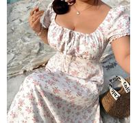 Robe grande taille style vacances tropicales, col carré, imprimé floral liberty, rose poudré, décontractée printemps/été, vintage années 1950, 1980, cottagecore, flapper années 1920 0XL,1XL,2XL,3XL,4X