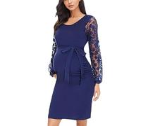 Robe Grossesse Chic Et Élégante Pour Shooting Photo - Manche Longue Dentelle Col Rond Fleur Enceinte Pas Cher Volants Maxi Maternité Fête Soirée Mariage Cérémonie (Navy, XXL)