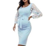 Robe Grossesse Col Rond Manche Longue Dentelle Robe Maternité Fête Soirée Cérémonie Décontractée Midi Robe Grossesse Chic Et Elegant Pas Cher Mariage Shooting Photo (Light Blue, XXL)