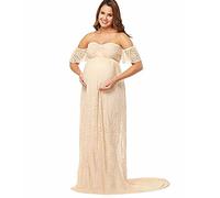 Robe Grossesse de Photographie Elégante Vetements Maternité Robe Longue en Dentelle à Manches Courtes Femme Enceinte Costume Habillée de Shooting Photo Plage Mariage Soireé Cérémonie Abricot XL