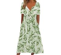 Robe HabilléE Femme - Robe décontractée à Manches Courtes et col en V Robes Poches Robe décontractée à Boutons Floraux pour Femmes Robe Long